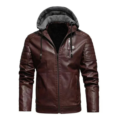 Men's Cozy Thickened Fleece Lined Winterproof Leather Jacket with Hood - Durable Casual Outerwear for Ultimate Warmth and Style