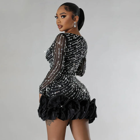 Long Sleeve V Neck Transparent Club Dress with Diamonds