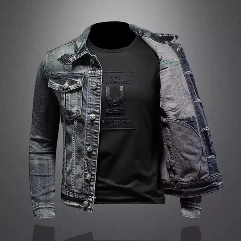 Men's Casual Vintage Denim Biker Jacket for Riding, Stylish High Street Outerwear with Buttoned Lapel and Comfortable Fit for Everyday Wear