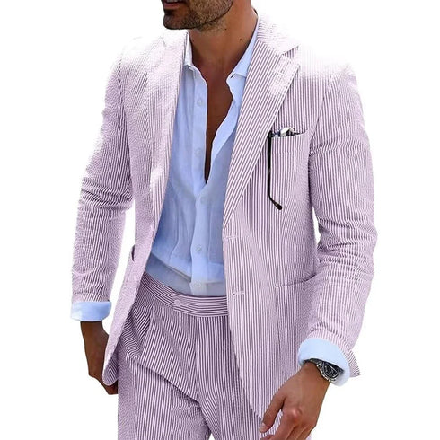 Summer Stripe Men Suit 2 Piece Seersucker Notched Lapel Jacket Pants Casual Blazer Slim Fit