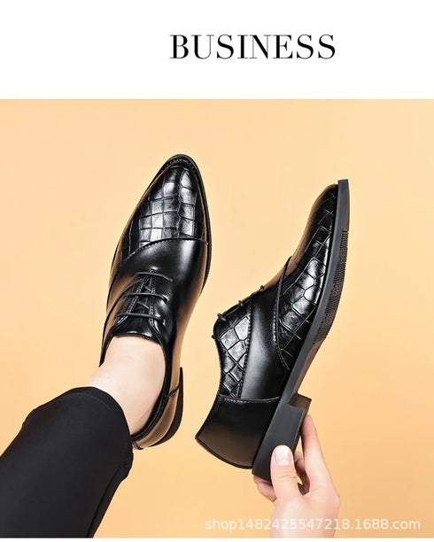 Luxury Handmade Crocodile Skin Derby Shoes for Men - Pointed Toe Lace-up Formal Business Footwear for Office & Career