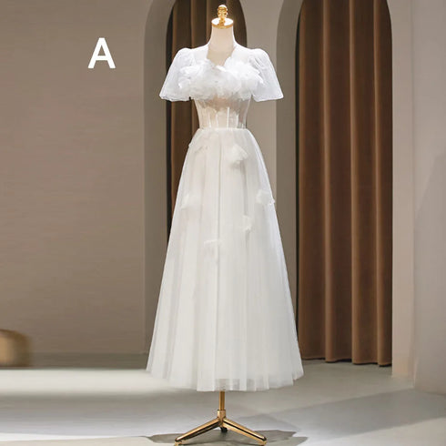 Backless A-Line Bridesmaid Dress With Puff Flower Appliques And Tulle Ankle-Length