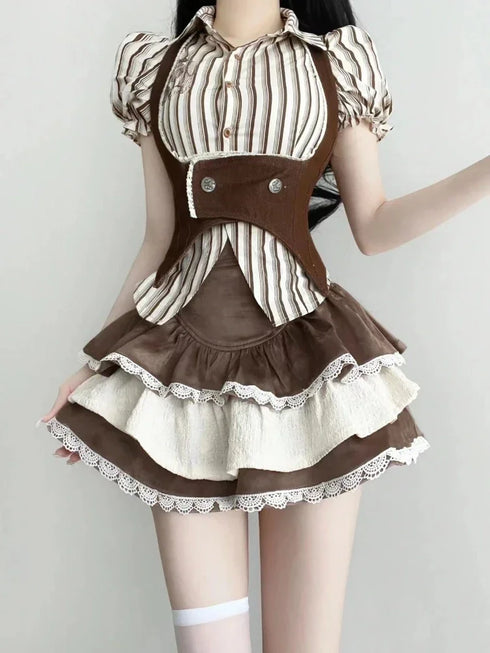 Fashion Vintage Y2K 3 Piece Set Summer Striped Shirt Slim Vest Lace Mini Skirt Women's Chic Outfit