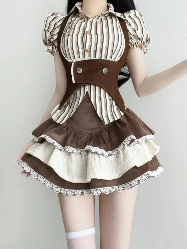 Fashion Vintage Y2K 3 Piece Set Summer Striped Shirt Slim Vest Lace Mini Skirt Women's Chic Outfit