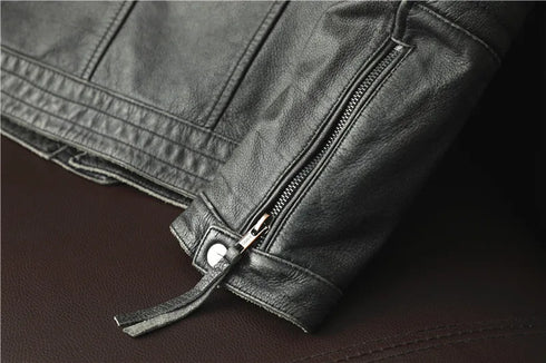Vintage Genuine Leather Biker Jacket for Men – Slim Fit Cowhide Motorcycle Outerwear with Pockets and Embroidery Details for All Seasons