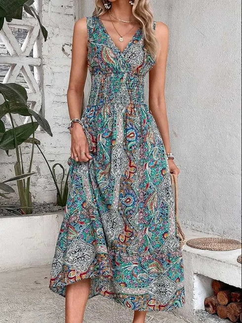 Fashion Sleeveless Maxi Boho Dress for Women Elegant Tank Long Dresses with Elastic Waist