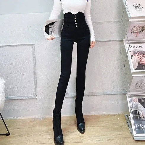 Beige Super High Waist Pencil Jeans Women Korean Slim Denim Pants