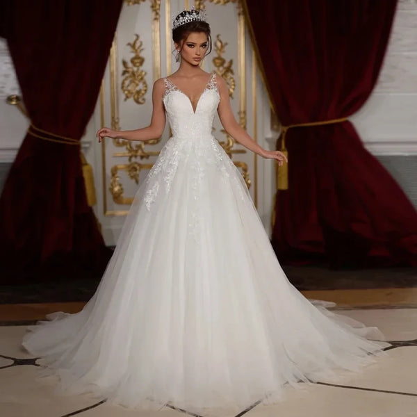 Gorgeous Tulle A-Line Wedding Dress V-Neck Sleeveless Applique Open Back Gown