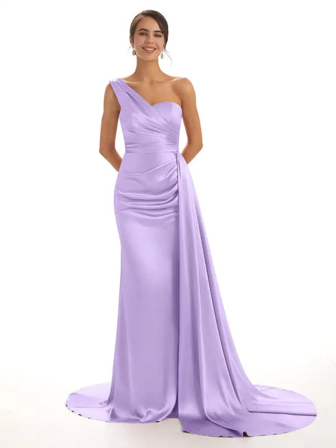 Satin Off-Shoulder Backless Pleated Bridesmaid Dress With Sweep Train Elegant Evening Gown