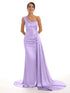 Satin Off-Shoulder Backless Pleated Bridesmaid Dress With Sweep Train Elegant Evening Gown