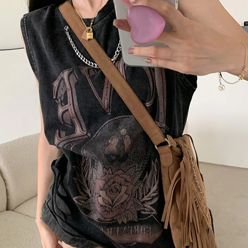 Gothic Punk Women's Distressed Sleeveless Tank Top - Stylish Y2K Streetwear for Summer with Unique Print Design