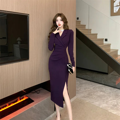 Purpled Elegant Pleated Bodycon Suit Dress for Women Chic Formal Dress