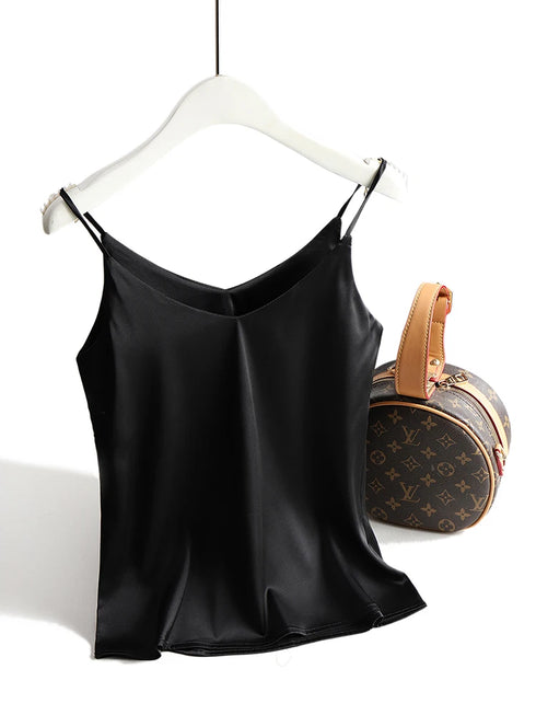 Spaghetti Strap Satin Silk Tank Top Women Sleeveless Halter V Neck Camisole Summer Casual Cami