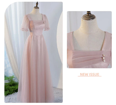 V-Neck Ruched Tulle A-Line Dress With Square Collar And Appliques And Bow Bridesmaid Dress
