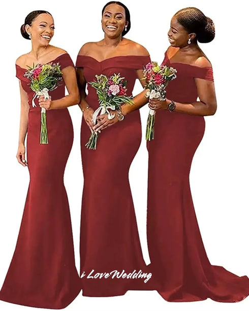 Off Shoulder Satin Mermaid Bridesmaid Dress With Ruched Detailing And Sweep Train
