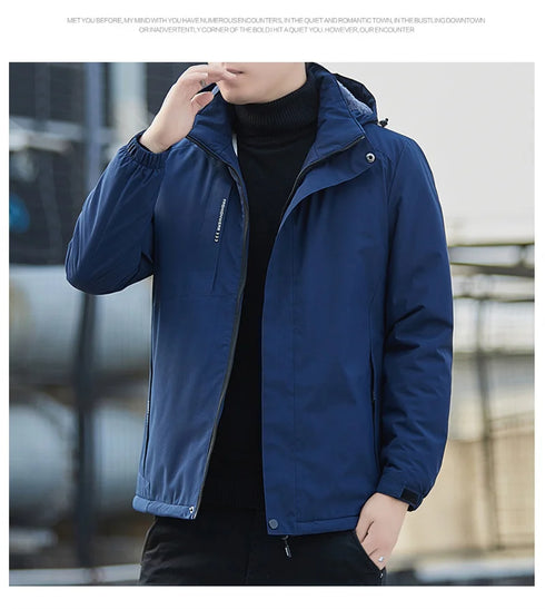 Plush Waterproof Autumn Winter Jacket for Men - Casual Windproof Coat with Detachable Hood and Rib Sleeves, Perfect for Daily Wear and Spring Cotton Comfort