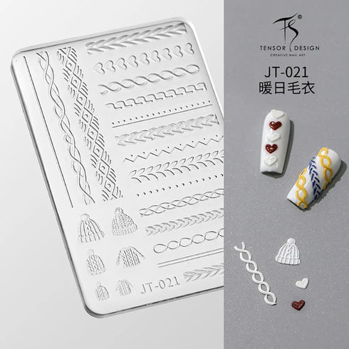 3D Relief Snowflake Sweater Carving Mold for Nail Art - Santa Claus and Elk Christmas Manicure DIY Template with Storage Box and Scraper
