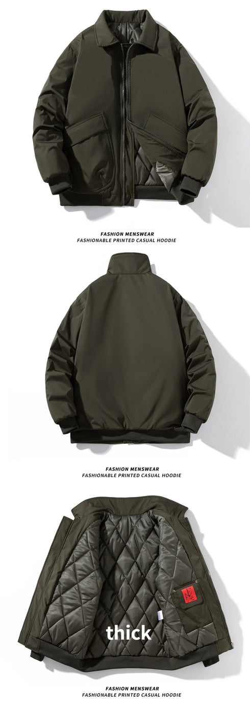 Men's Solid Bomber Jacket - Vintage Retro Military Style Motorcycle Parka - Thick Windbreaker with Pockets for Autumn and Winter Casual Wear