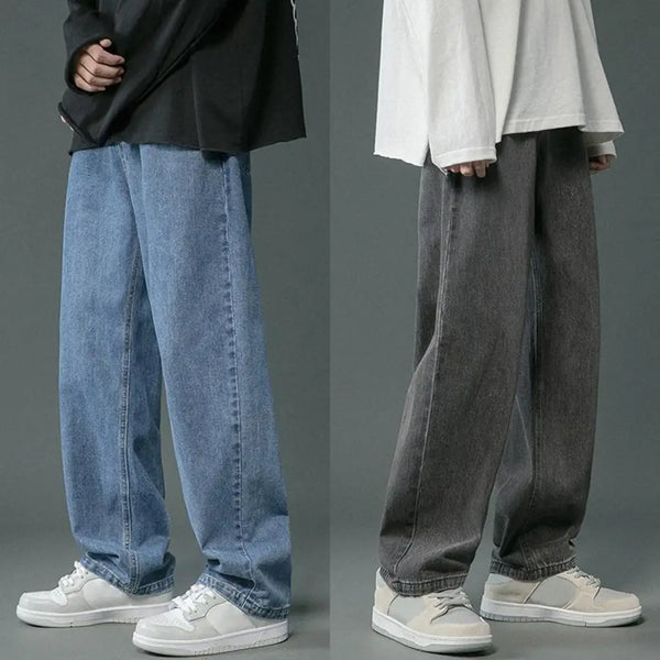 Korean Men's Washed Jeans Classic Straight Denim Wide Leg Pants