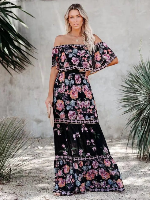 Elegant One-shoulder Short-sleeved Dress For Women Fashion Splicing Floral Print Dresses