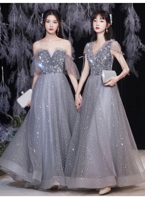 Off Shoulder Lace Illusion A Line Dress Floor Length Glitter Tulle Bow Bridesmaid Dress