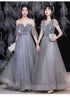 Off Shoulder Lace Illusion A Line Dress Floor Length Glitter Tulle Bow Bridesmaid Dress