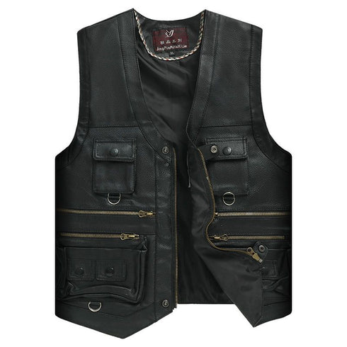 Men's Genuine Cowhide Leather Vest - Slim Fit Multi Pocket Zipper Waistcoat for Spring and Autumn Casual Wear