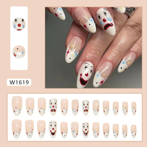 24-Piece Medium Long Press-On Acrylic Nails with French Tip Design - Fun Clown Removable Fake Nails for Parties, Adhesive Wear for Trendy Nail Art