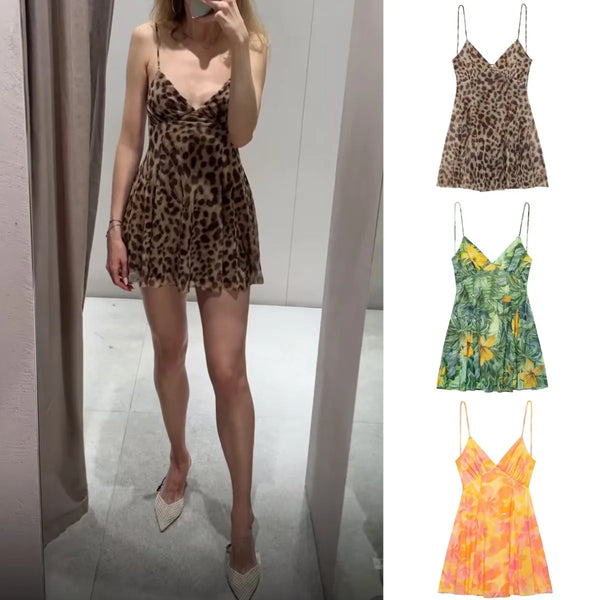 TRAF Women's Vacation Style Printed Silk Mesh V Neck Halter Mini Dress
