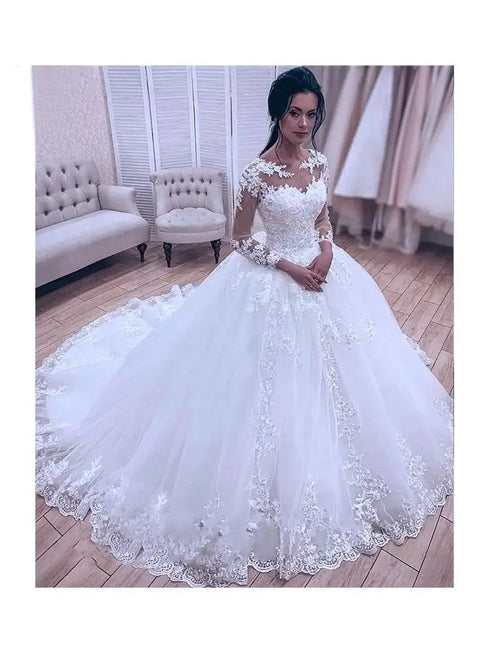 Elegant Summer Long Sleeve Wedding Dresses Lace Ball Gown