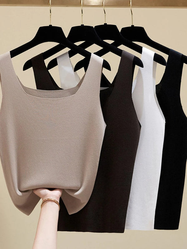 Trendy Women's Summer Off Shoulder Tank Tops - Stylish Fitness Camisole with Sexy Square Collar, Perfect for Casual Outings and Club Wear, Versatile Knitted Crop Tops for a Chic Look