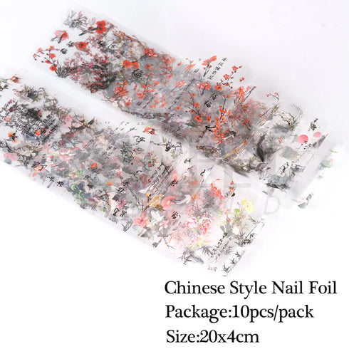 Elegant Chinese Character Nail Art Foils - 10pcs Crane, Bamboo, Gold Fish, and Flower Slider Stickers for Stunning Gel Polish Nail Decoration, Marble Nail Designs, BEDXK12