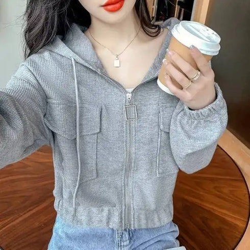 Hooded Spring Jacket for Women Short Summer Thin Zipper Cardigan Loose Work Casual Top