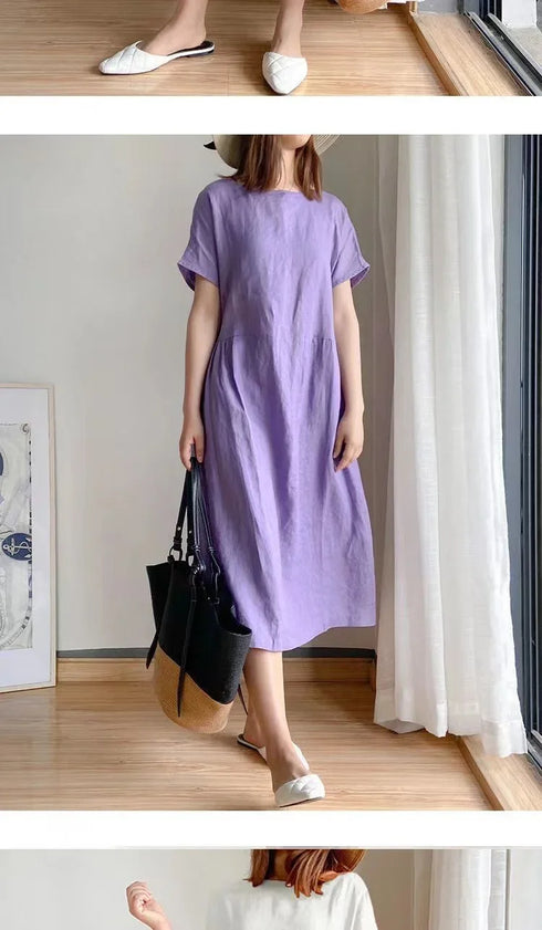 Loose Fit Slimming Cotton Linen Dress for Women Summer Plus Size Mid-Length Skirt