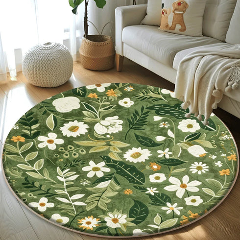 Plant Pattern Round Carpet Plush Lounge Rug for Living Room and Bedroom