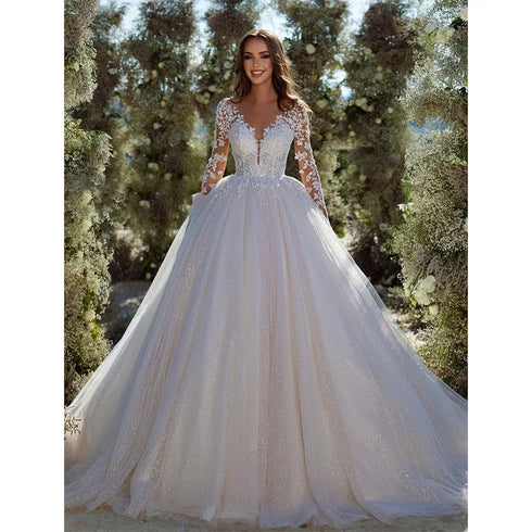 Modern Glitter Tulle Wedding Dresses Long Sleeves V Neck Bridal Gowns for Bride