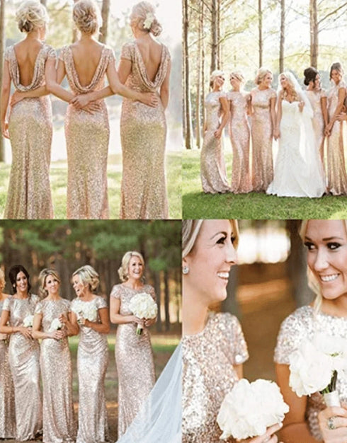 Sequined Bridesmaid Dresses Mermaid Style With Short Sleeves And O Neck For Summer Formal Wedding Party
