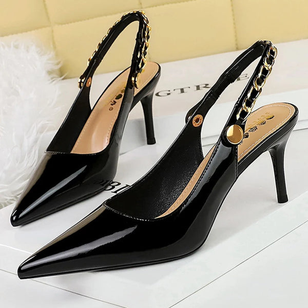 Bigtree Shoes Metal Chain Women Pumps Patent Leather Heels