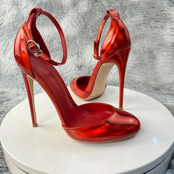 Laser Red Patent Leather Women Ankle Strap D'orsay Pumps Party Shoes