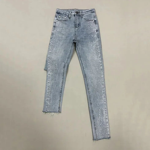 Fashion Rhinestone Jeans Female High Waist Slim Pencil Pants