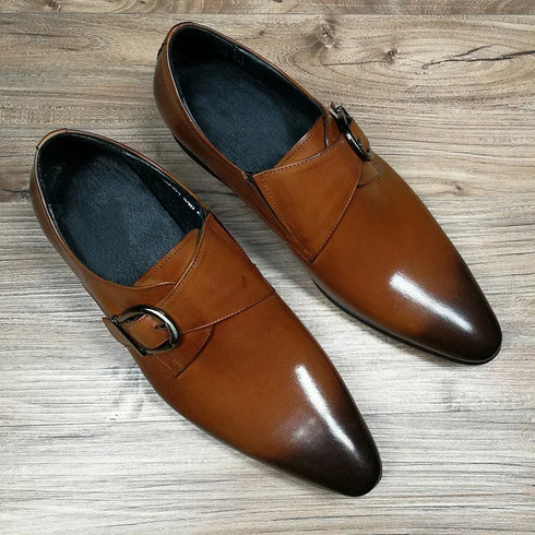 Elegant Men's Leather Dress Shoes for Formal Occasions - Stylish Brogue Loafers with Buckle Strap and Pointed Toe for Weddings and Autumn Events