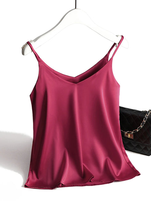 Spaghetti Strap Satin Silk Tank Top Women Sleeveless Halter V Neck Camisole Summer Casual Cami