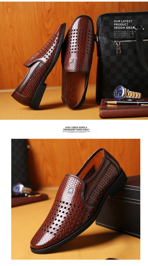 Elegant Men's Business Leather Sandals - Soft Bottom Hollow Hole Design for Middle-Aged and Elderly Dads - Comfortable Slip-On Footwear for Office and Career