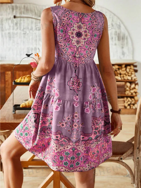 Plus Size Summer Printed Pleated Sleeveless V Neck Dress for Women
