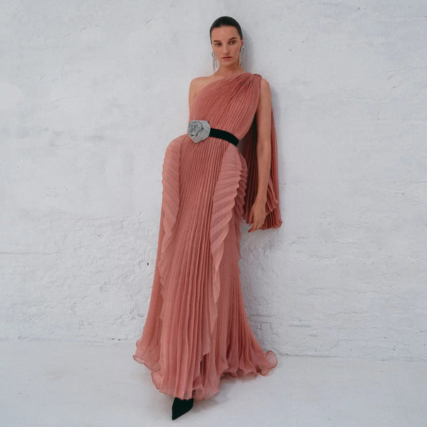 Lotus Caramel Evening Maxi Dress One Shoulder Pleated Organza Ruffles Unique Women Formal Occasion Dress