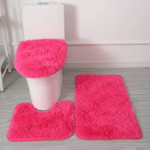 3 Piece Solid Color Bathroom Carpet Set Non-Slip Toilet Lid Cover Rugs Kit