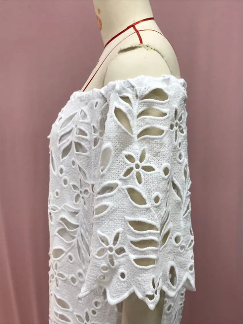 Summer Chic Off Shoulder Loose Dress Cute Sweet Style Girls Flower Lace Retro Vintage Cotton Blends Midi Dress