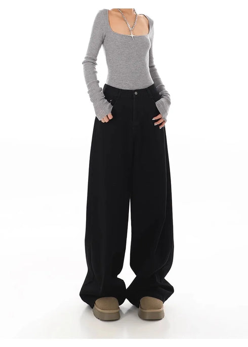 Stylish Wide Leg Black Jeans for Women - Embrace Korean Fashion Streetwear with Baggy Straight Denim Pants Perfect for Fall Outfits and Casual Days