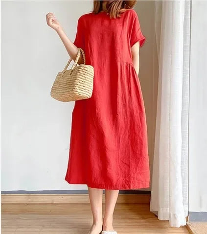 Loose Fit Slimming Cotton Linen Dress for Women Summer Plus Size Mid-Length Skirt