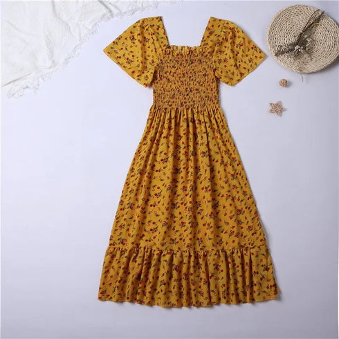 Floral Pleated Chiffon Midi Dress for Women with Short Sleeves and Backless Design